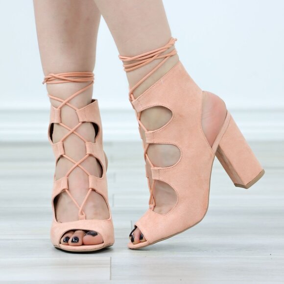 Melon Faux Suede Strappy Block High Heels Sandals Open Toe - Picture 2 of 11